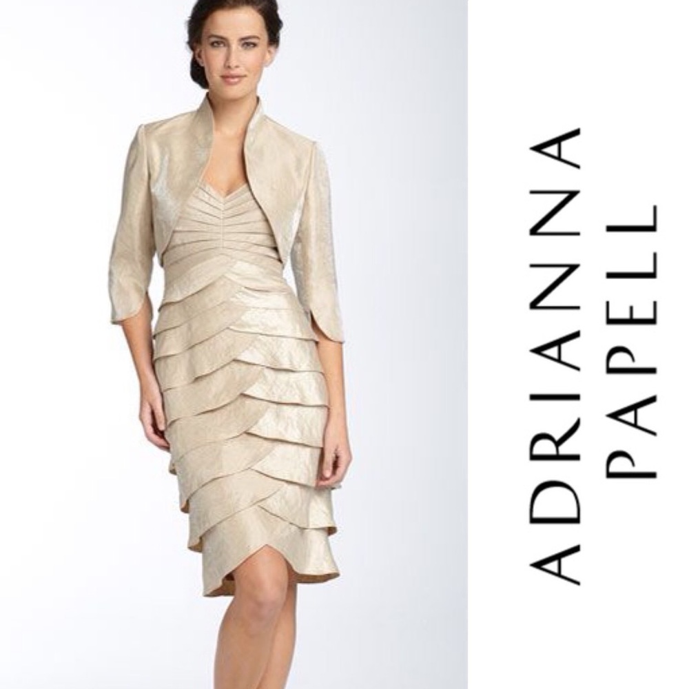 ADRIANNA PAPELL Champagne Tiered Ruffle Dress
